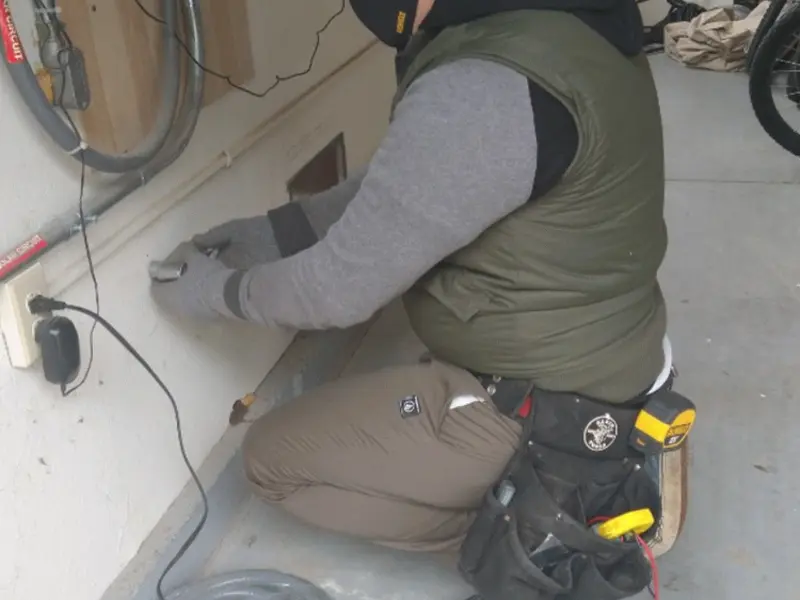 Electrician performing outlet wiring in a Alameda garage